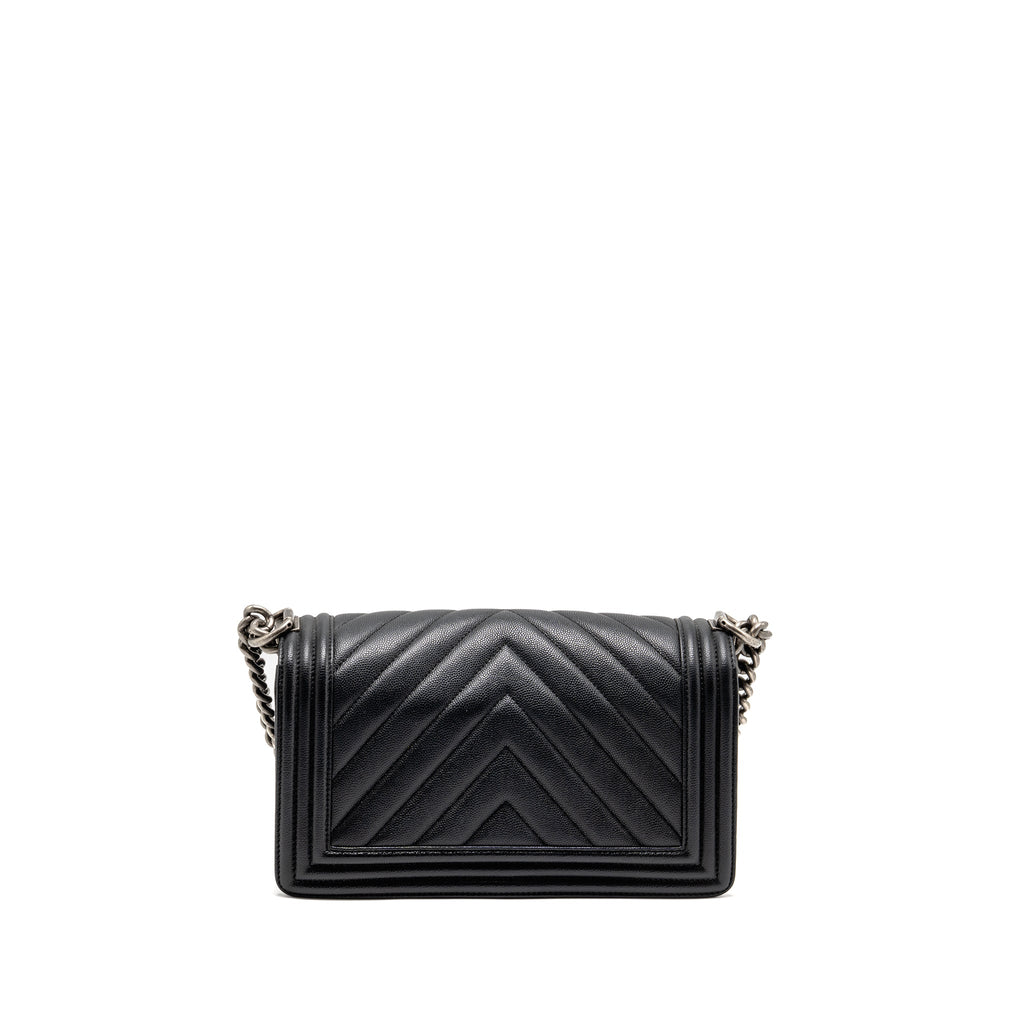 Chanel Medium Boy Bag Chevron Caviar Black Ruthenium Silver Hardware