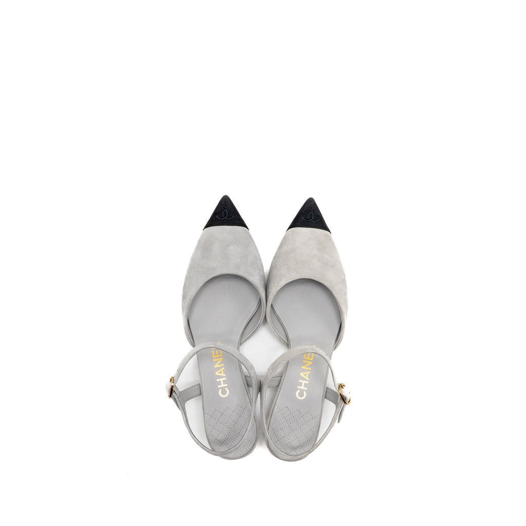 Chanel Size 37 Slingbacks shoes suede kidskin/grosgrain Black/light grey GHW