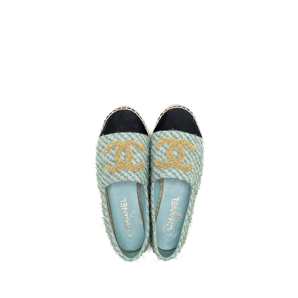 Chanel Size 36 23S Espadrilles Tweed/Grosgrain Light Blue/Green/Black