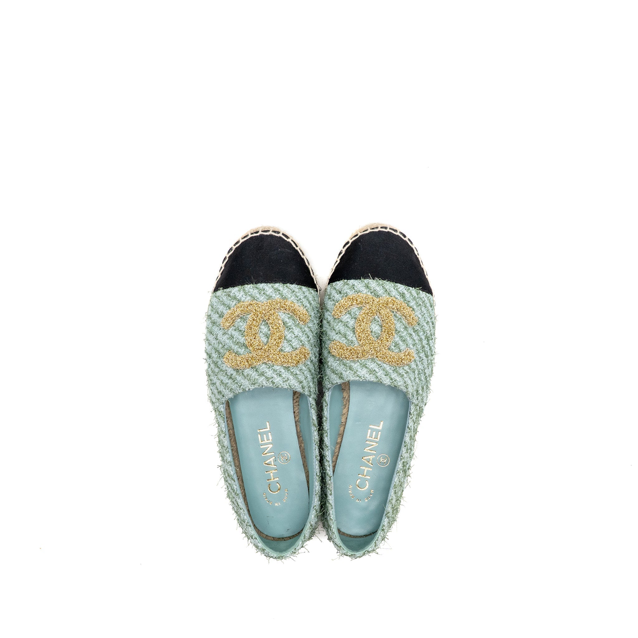 Chanel Size 36 23S Espadrilles Tweed/Grosgrain Light Blue/Green/Black