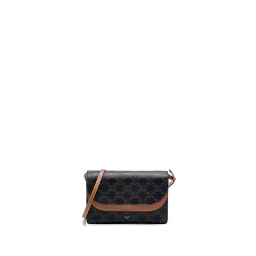 Celine Wallet On Strap Triomphe Canvas/Smooth Lambskin Tan