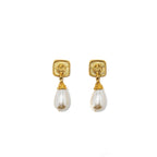 Chanel CC Logo Square with Pearl Drop Earrings Peach Gold Tone