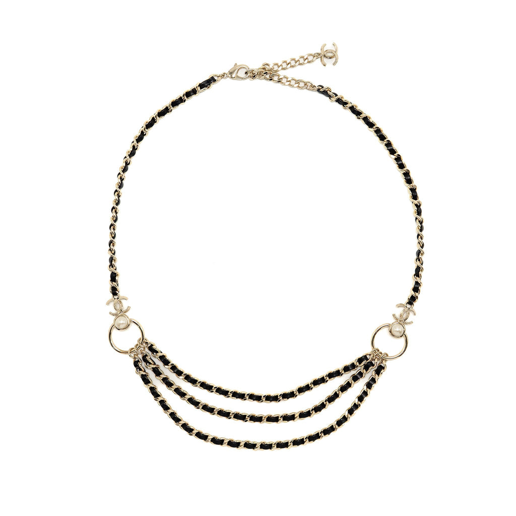Chanel CC Leather Chain with Pearl Waist Chain Belt Black Light Gold Tone
