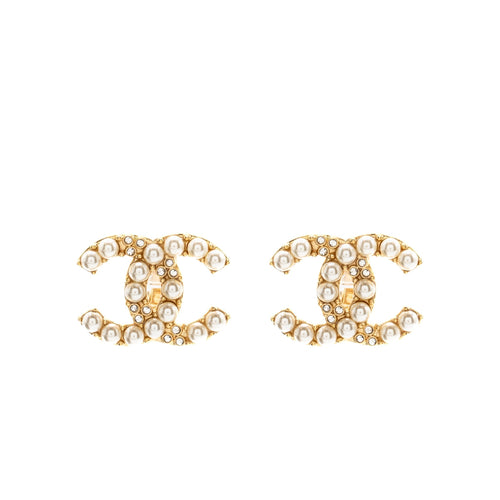 Chanel Pearl&crystal cc logo ear clips gold tone