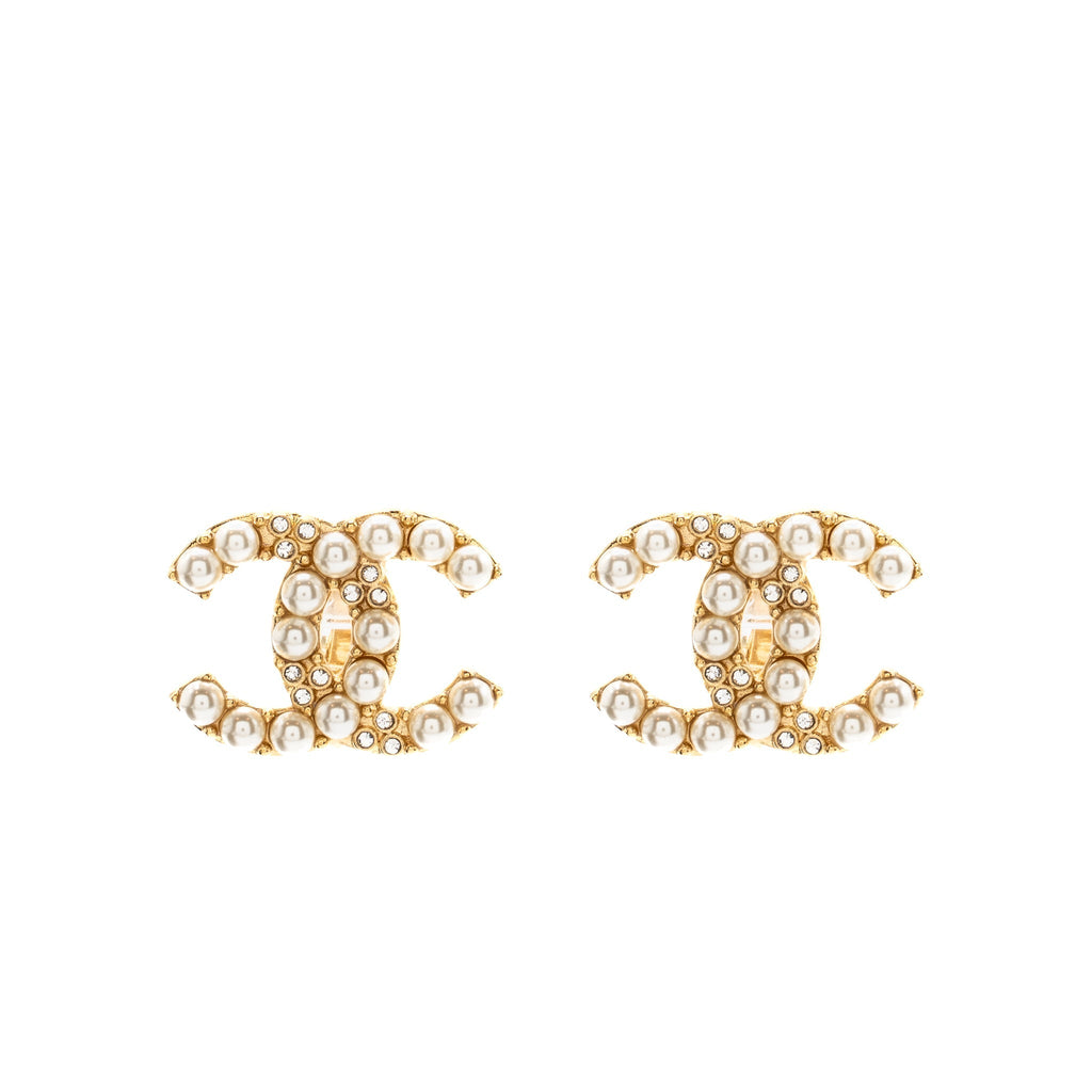 Chanel Pearl&crystal cc logo ear clips gold tone