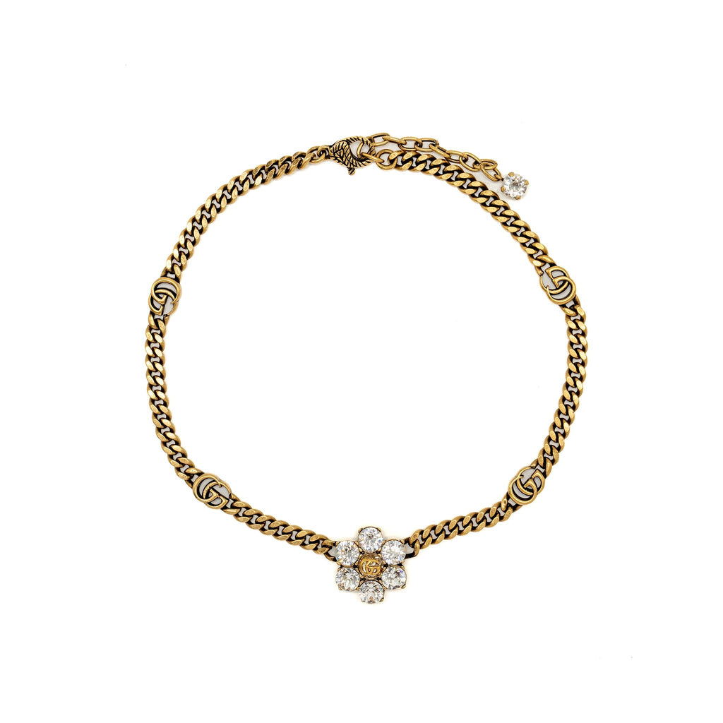 Gucci Crystal Double G Necklace Metal Aged Gold