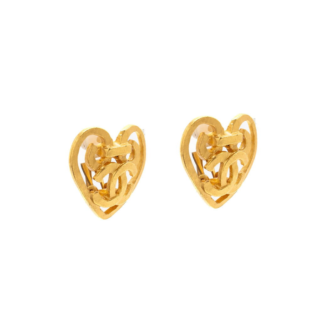 Chanel Vintage Heart Shape CC Logo Ear Clips Gold Tone