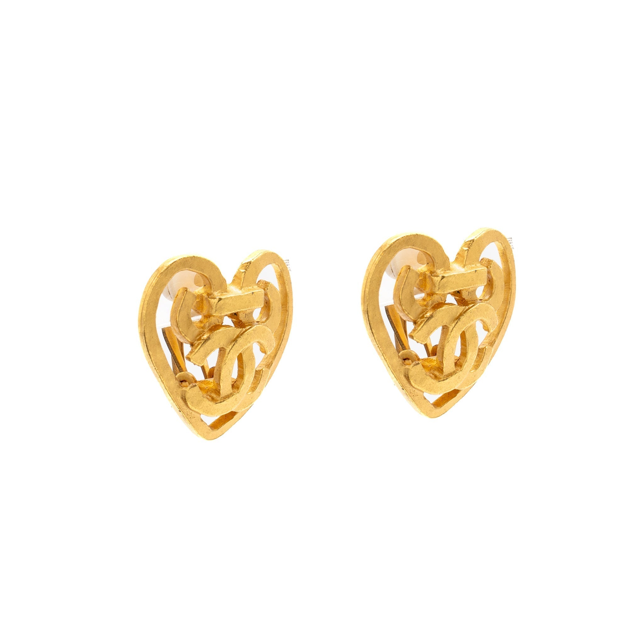 Chanel Vintage Heart Shape CC Logo Ear Clips Gold Tone