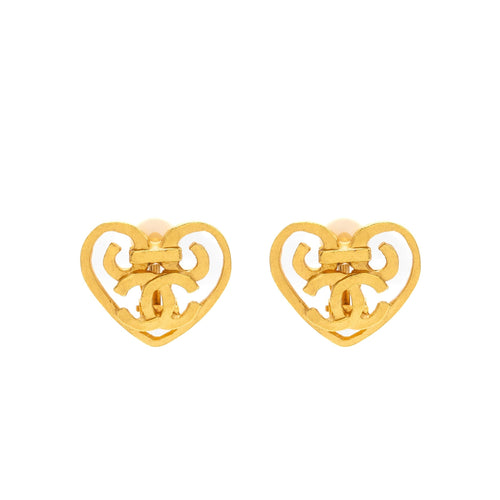 Chanel Vintage Heart Shape CC Logo Ear Clips Gold Tone