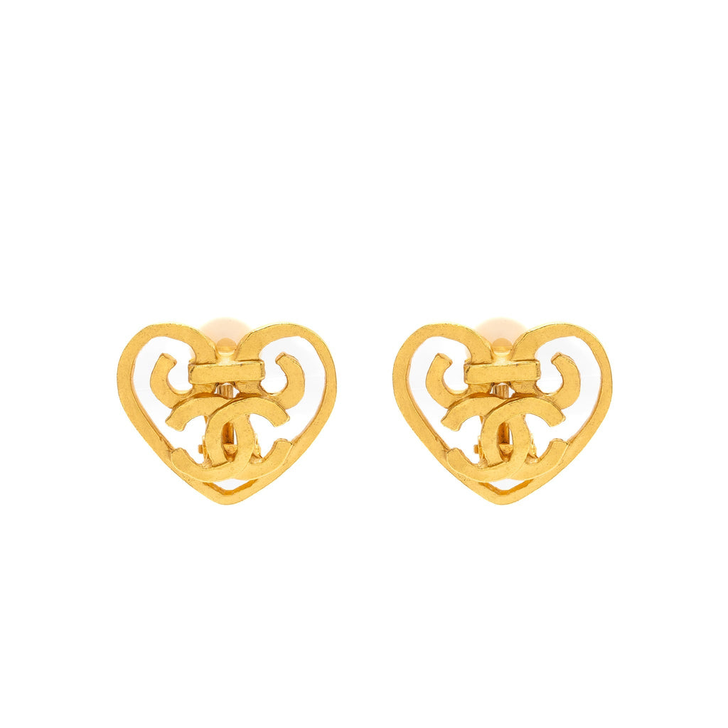 Chanel Vintage Heart Shape CC Logo Ear Clips Gold Tone