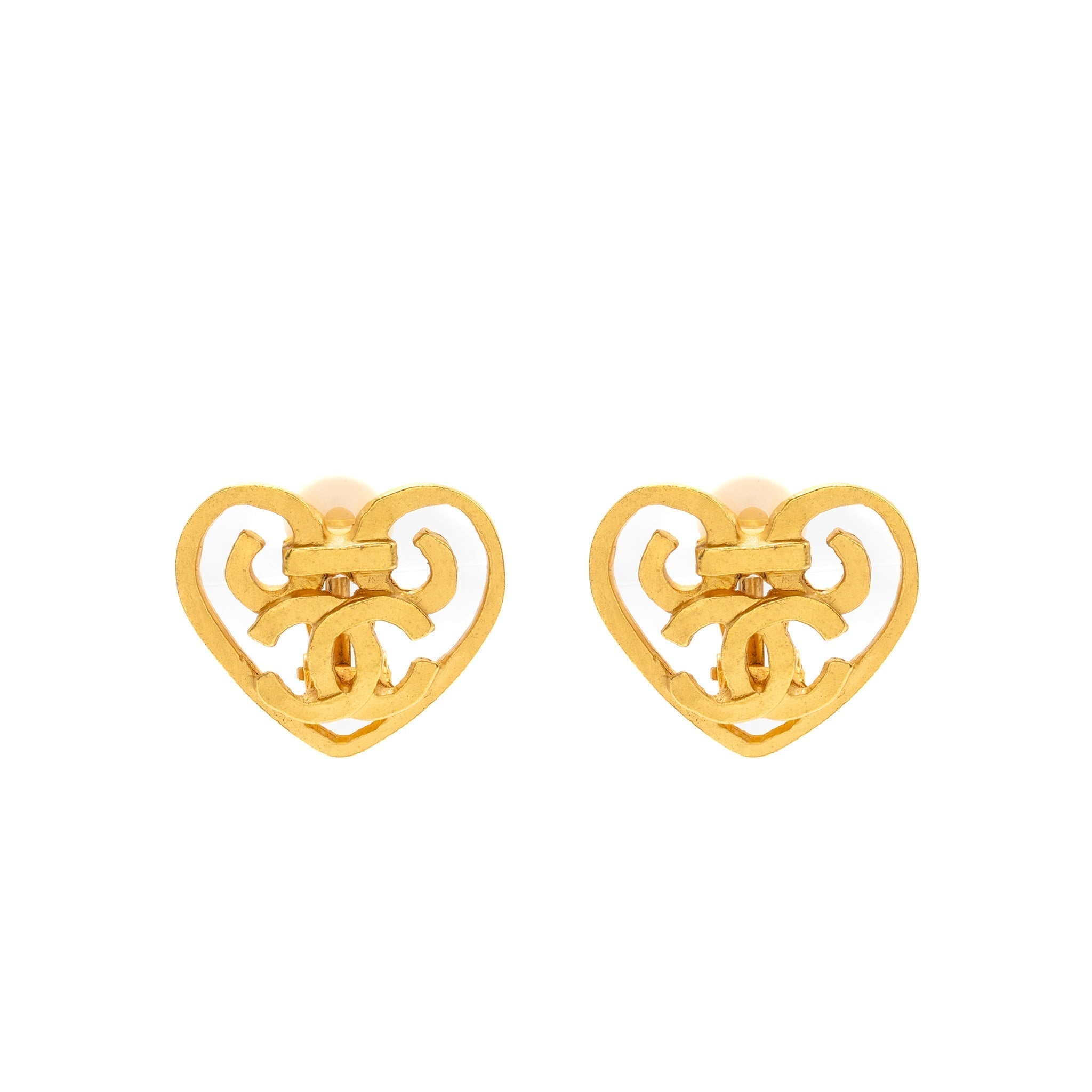 Chanel Vintage Heart Shape CC Logo Ear Clips Gold Tone
