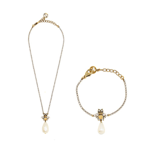 Gucci Bee Necklace and Bracelet Crystal/Pearl Gold Tone (Sell in a Set)
