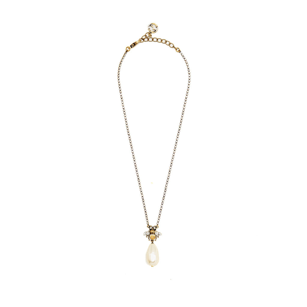 Gucci Bee Necklace and Bracelet Crystal/Pearl Gold Tone (Sell in a Set)