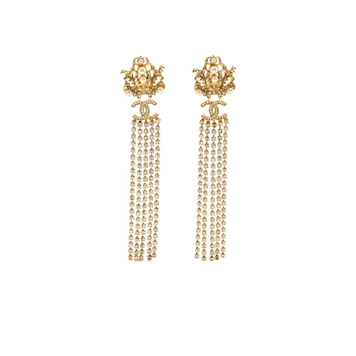 Chanel Crown with Pearl and CC Logo with Crystal Dropping Ear Clips Light Gold Tone