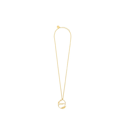 DIor Flora and Wing Circle Pendant Necklace Gold Tone