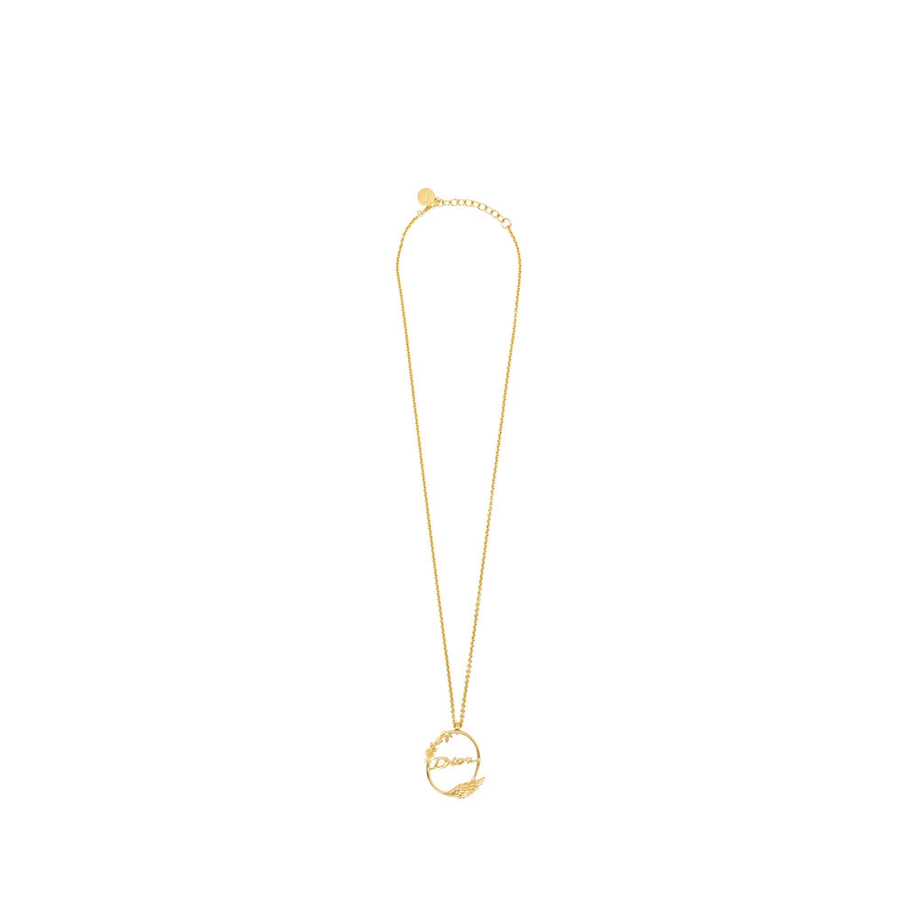DIor Flora and Wing Circle Pendant Necklace Gold Tone