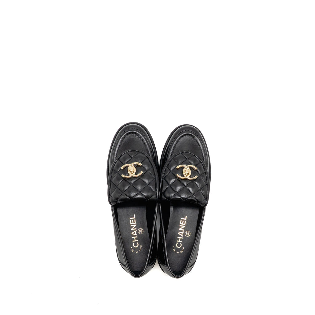 Chanel Size 38 Turnlock Loafer Quilted Leather Black LGHW