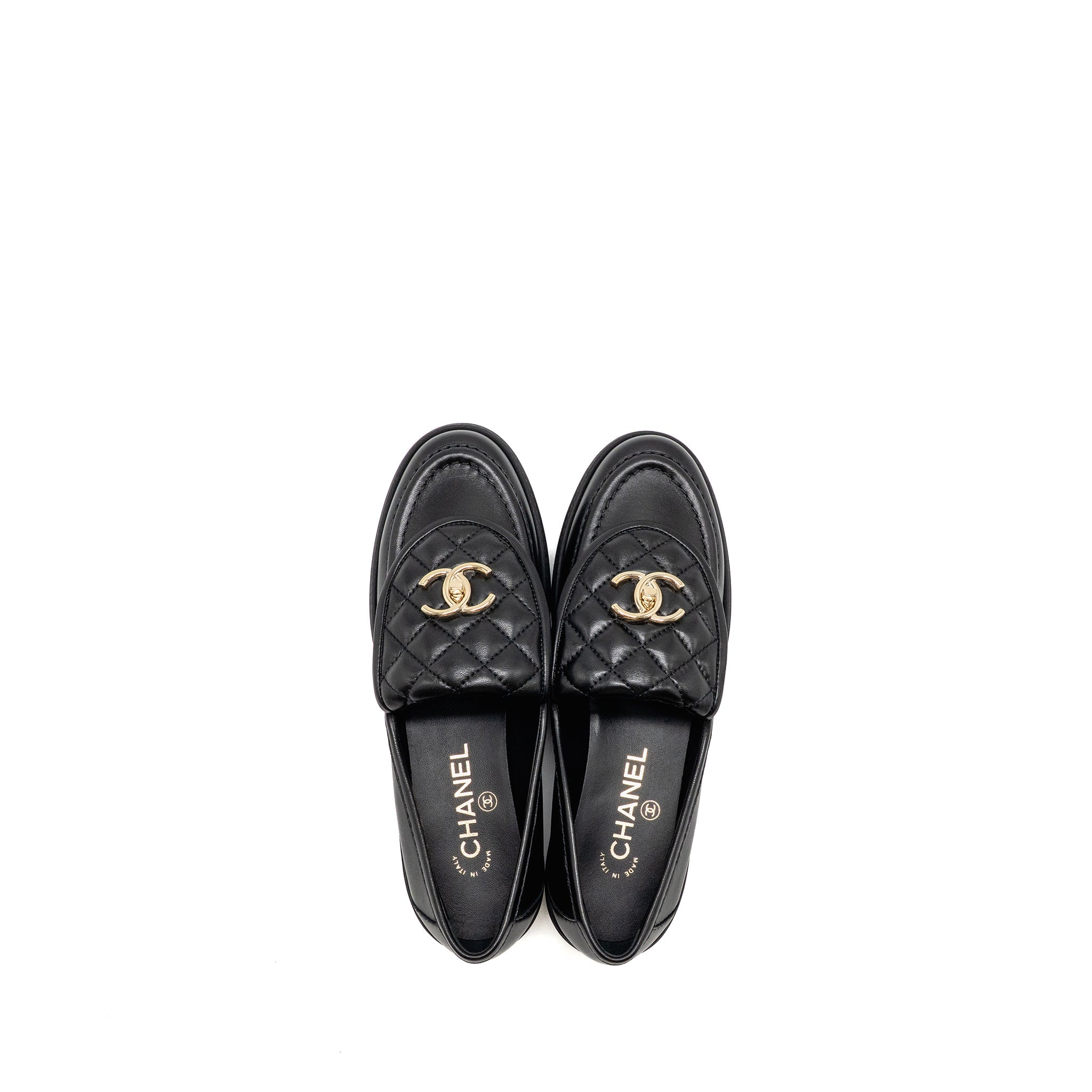 Chanel Size 38 Turnlock Loafer Quilted Leather Black LGHW