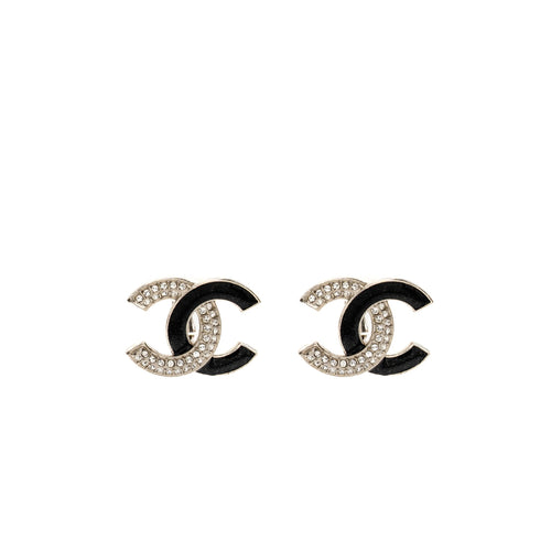 Chanel Crystal/Enamel CC Logo Ear Clips Silver Tone