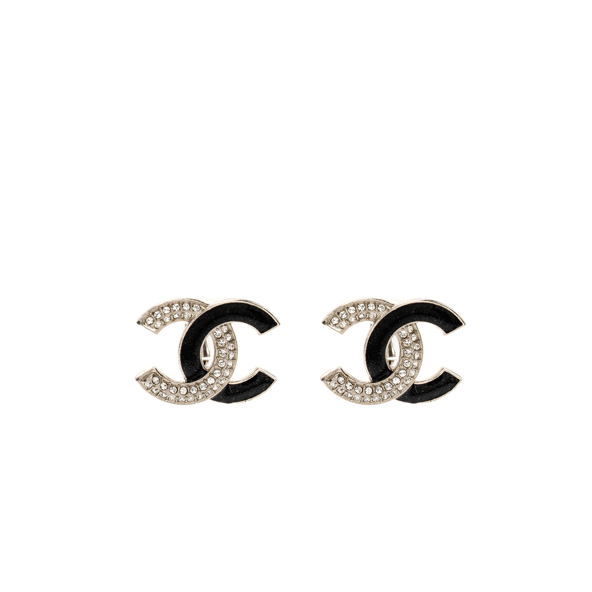 Chanel Crystal/Enamel CC Logo Ear Clips Silver Tone