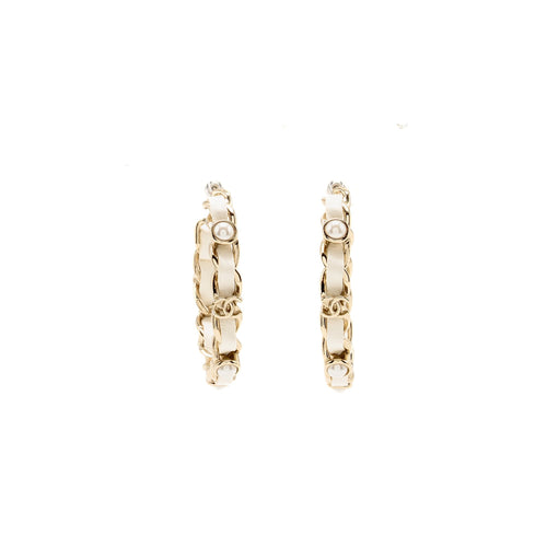 Chanel CC Logo Pearl Leather-Woven Earrings Light Gold Tone