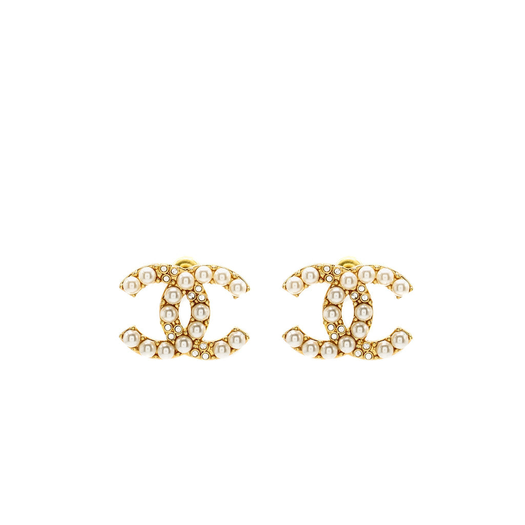 Chanel CC pearl earrings gold tone