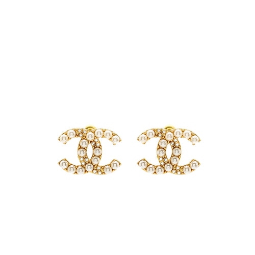 Chanel CC pearl earrings gold tone