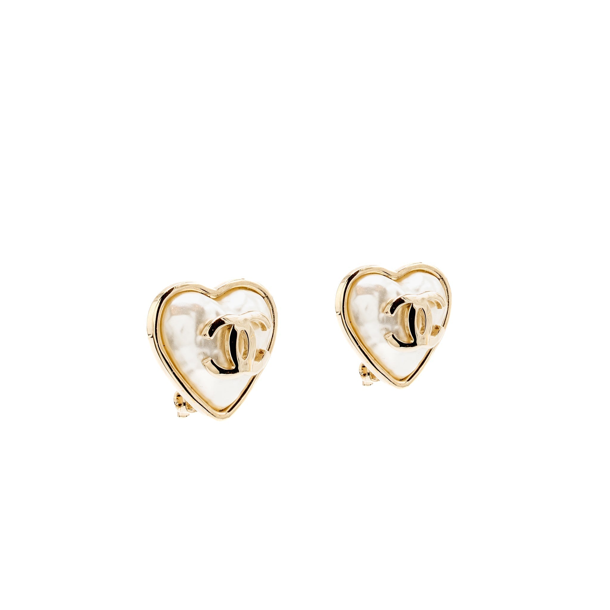 Chanel Pearly Heart Shape CC Logo Ear Clips Gold Tone