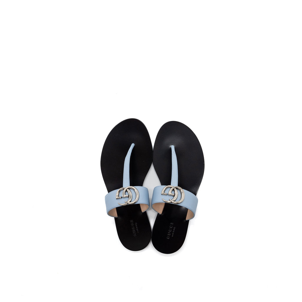 Gucci Size 37 Leather Thong Sandal With Double G Leather Light Blue SHW