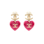 Chanel double face Pink Crystal heart dropped cc logo ear clips light gold tone