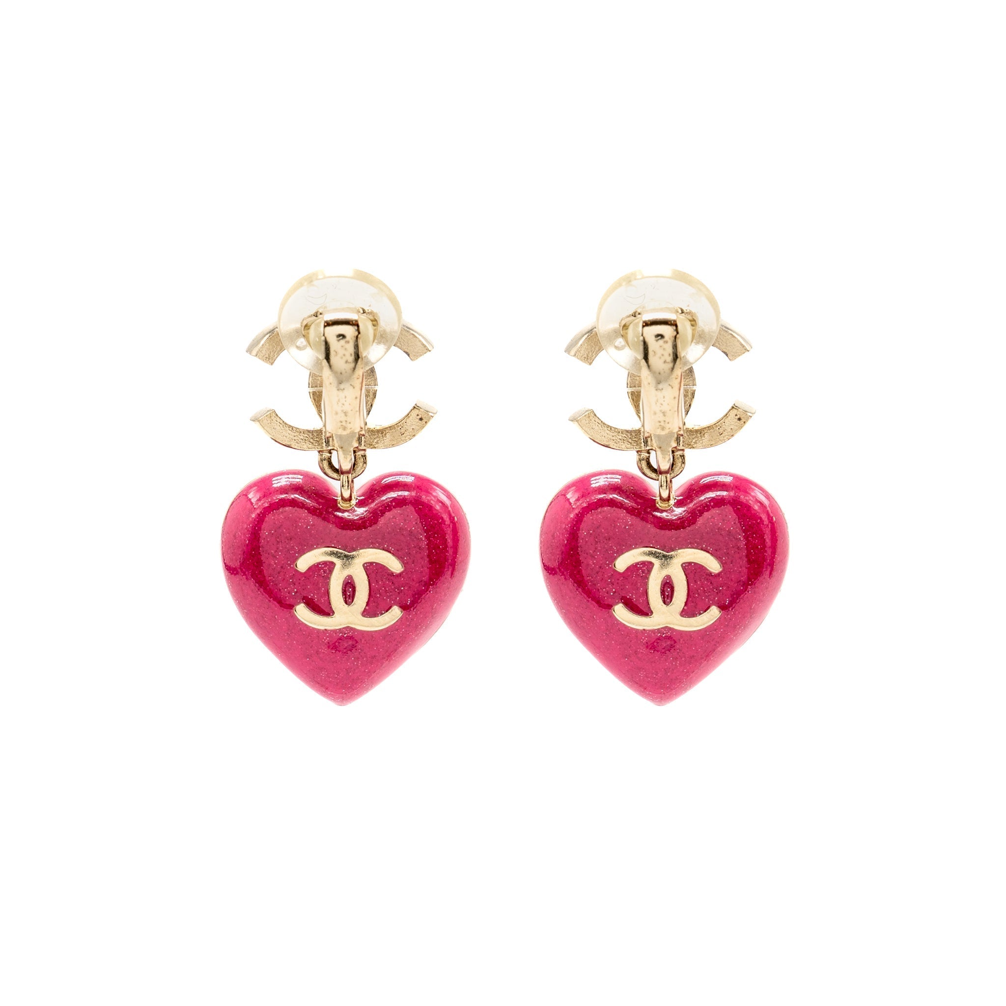 Chanel double face Pink Crystal heart dropped cc logo ear clips light gold tone