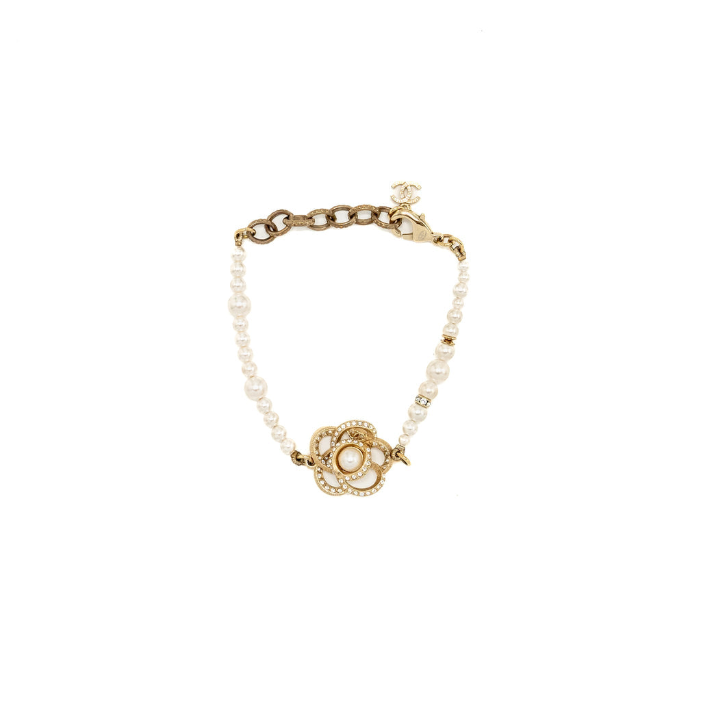 Chanel Camellia Bracelet Pearl/Crystal Light Gold Tone