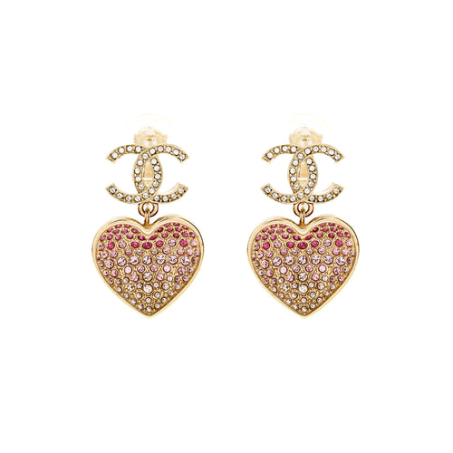 Chanel double face Pink Crystal heart dropped cc logo ear clips light gold tone