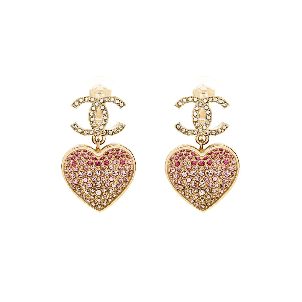Chanel double face Pink Crystal heart dropped cc logo ear clips light gold tone