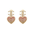 Chanel double face Pink Crystal heart dropped cc logo ear clips light gold tone