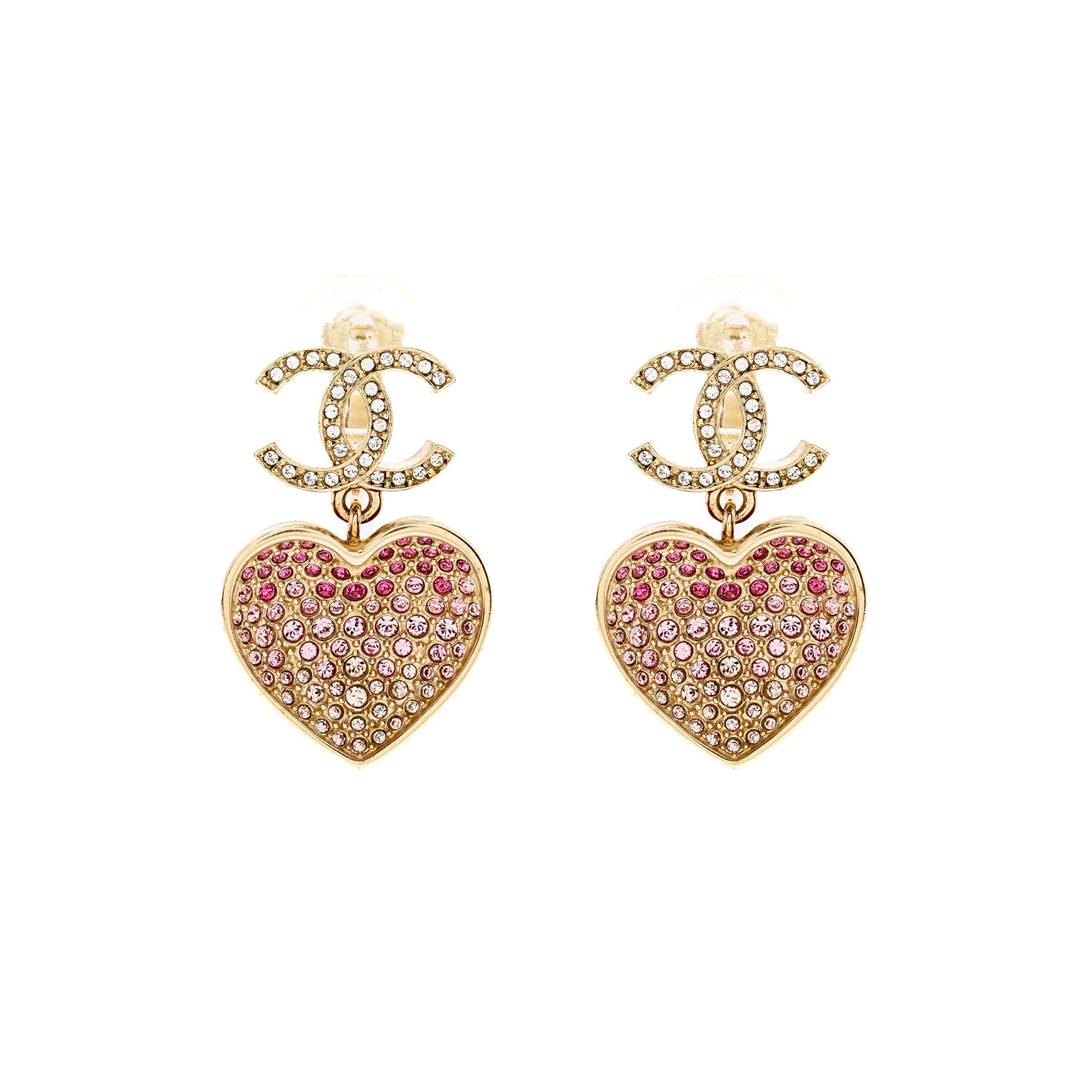 Chanel double face Pink Crystal heart dropped cc logo ear clips light gold tone