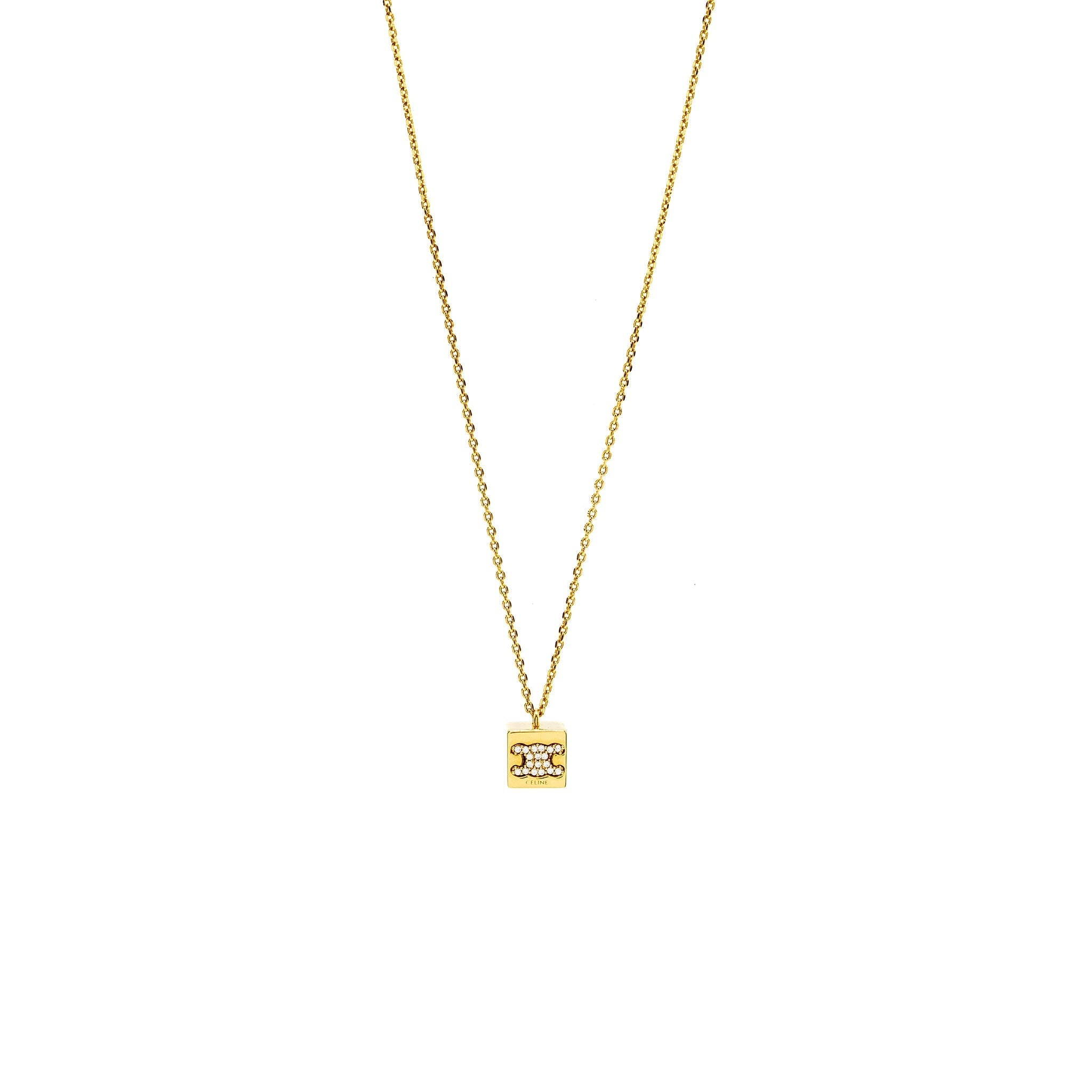 CELINE Triomphe Cube Crystal Necklace Gold Tone