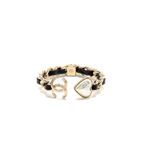 Chanel CC Heart Cuff Bracelet Pearl/Leather Light Gold Tone