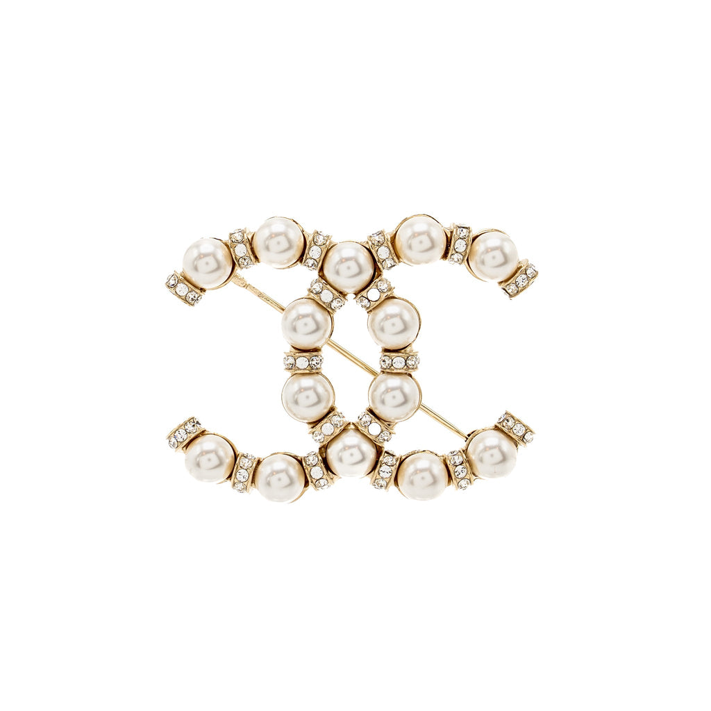 Chanel CC Brooch Pearl/Crystal Light Gold Tone