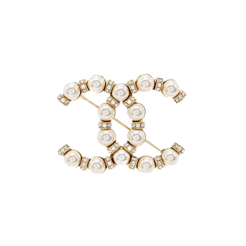 Chanel CC Brooch Pearl/Crystal Light Gold Tone