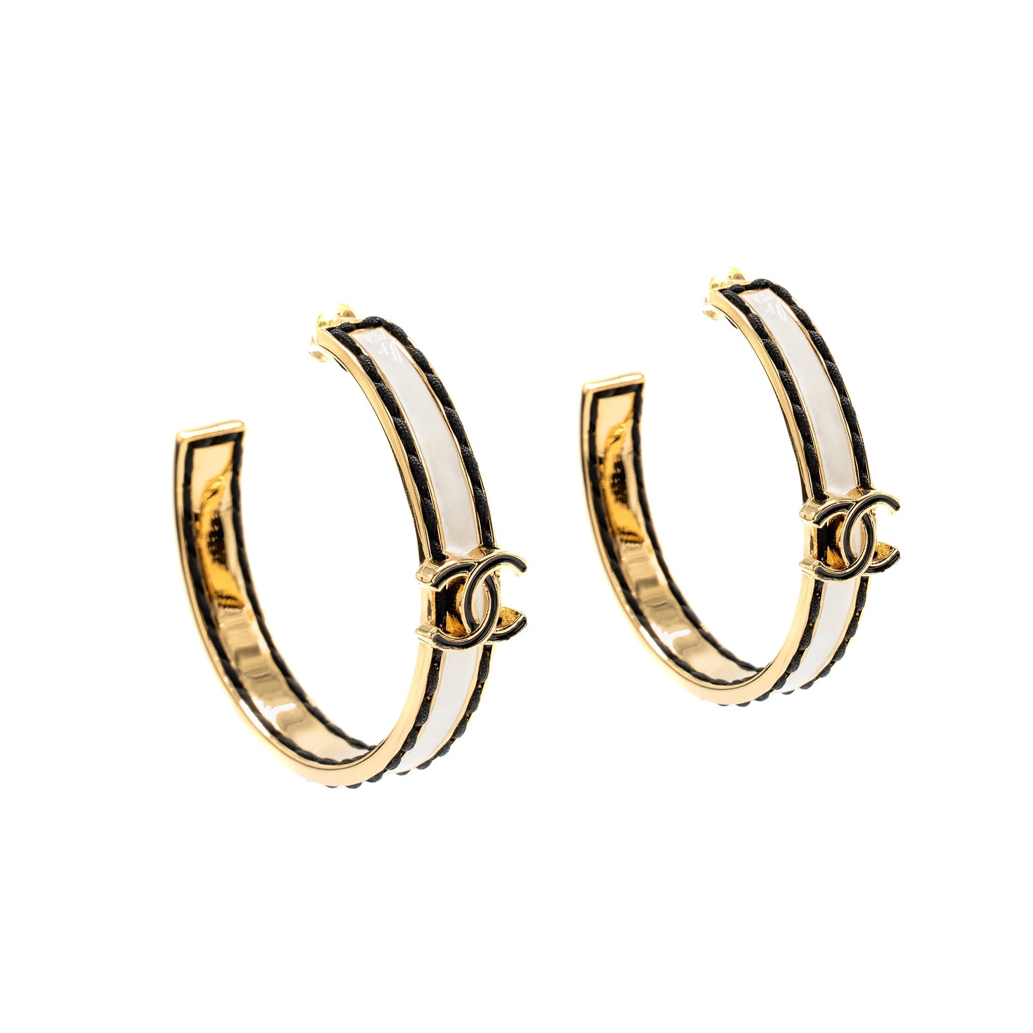Chanel Enamel mini CC Logo Hoop Earrings Light gold tone