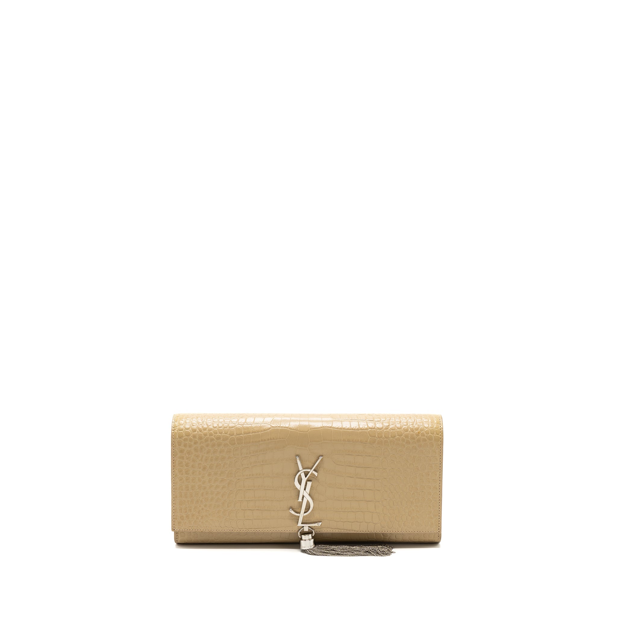 Saint Laurent Kate Clutch Croc Embossed Leather Beige SHW