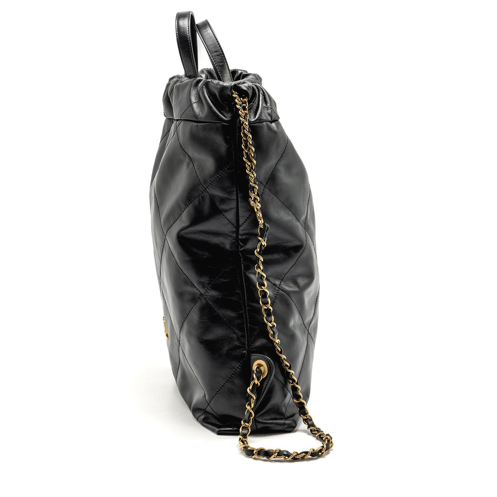 Chanel 22 Backpack Gold Letter Logo Shiny Calfskin Black GHW(microchip)