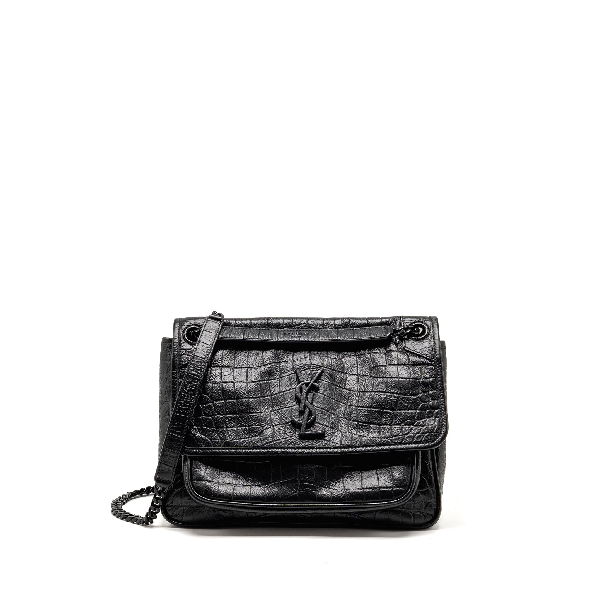 Saint Laurent/YSL Medium Niki Bag Crocodile-Embossed Black Calfskin Black Hardware