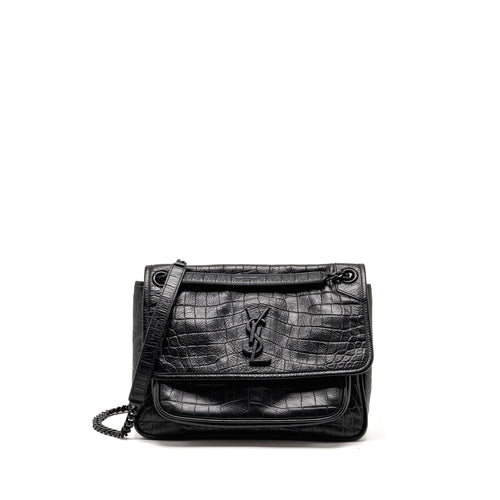 Saint Laurent/YSL Medium Niki Bag Crocodile-Embossed Black Calfskin Black Hardware