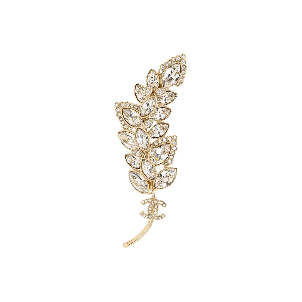 Chanel CC Leaves Brooch Crystal Light Gold Tone