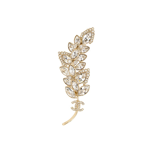 Chanel CC Leaves Brooch Crystal Light Gold Tone