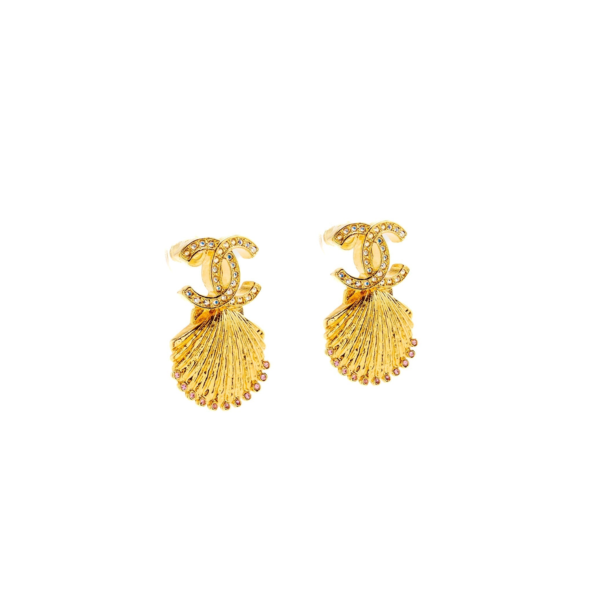 Chanel CC Shell Earrings Crystal Multicolour Gold Tone