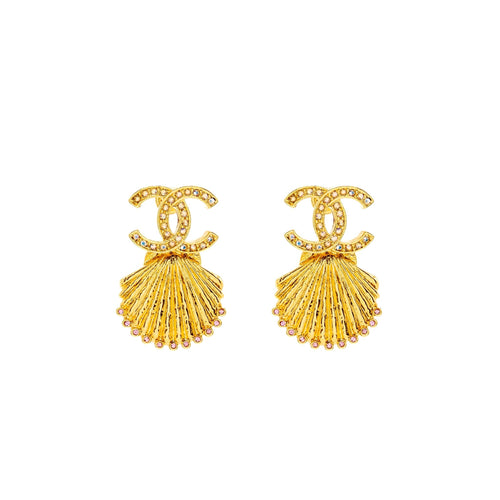 Chanel CC Shell Earrings Crystal Multicolour Gold Tone