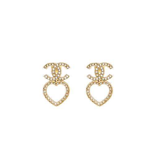 Chanel CC Heart Earrings Crystal Light Gold Tone